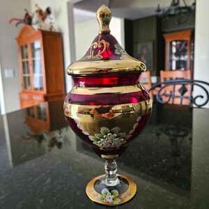 Ruby Red Glass. Footed. Covered Candy Jar. Hand Painted. Gold Trim.